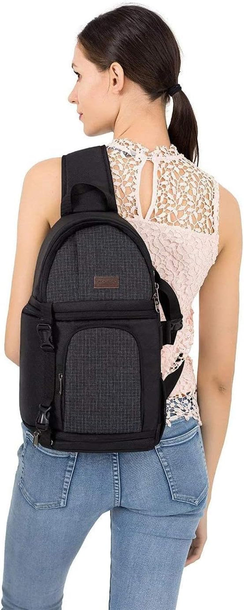 Camera Sling Bag, Dslr/Slr/Mirrorless Camera Case Shockproof Photography Camera Backpack with Tripod Holder & Removable Modular Inserts Compatible with Canon/Nikon/Sony/Fuji, Black