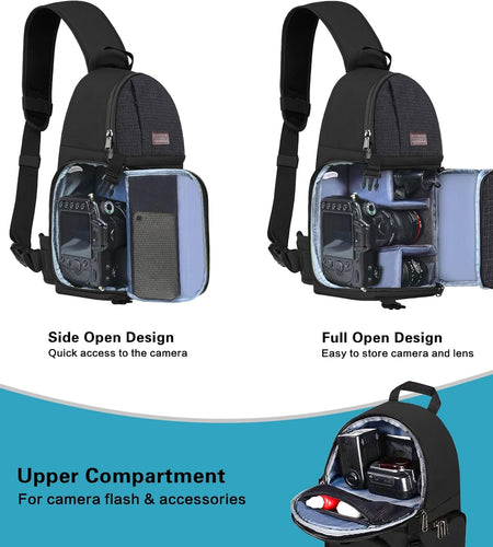 Camera Sling Bag, Dslr/Slr/Mirrorless Camera Case Shockproof Photography Camera Backpack with Tripod Holder & Removable Modular Inserts Compatible with Canon/Nikon/Sony/Fuji, Black